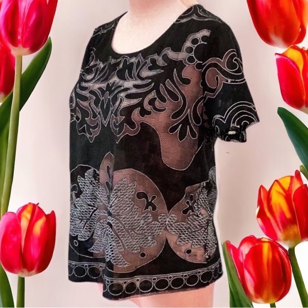 ACEMI MEDIUM BLOUSE TOP LACE SHEER BLACK EMBROIDERED DETAIL